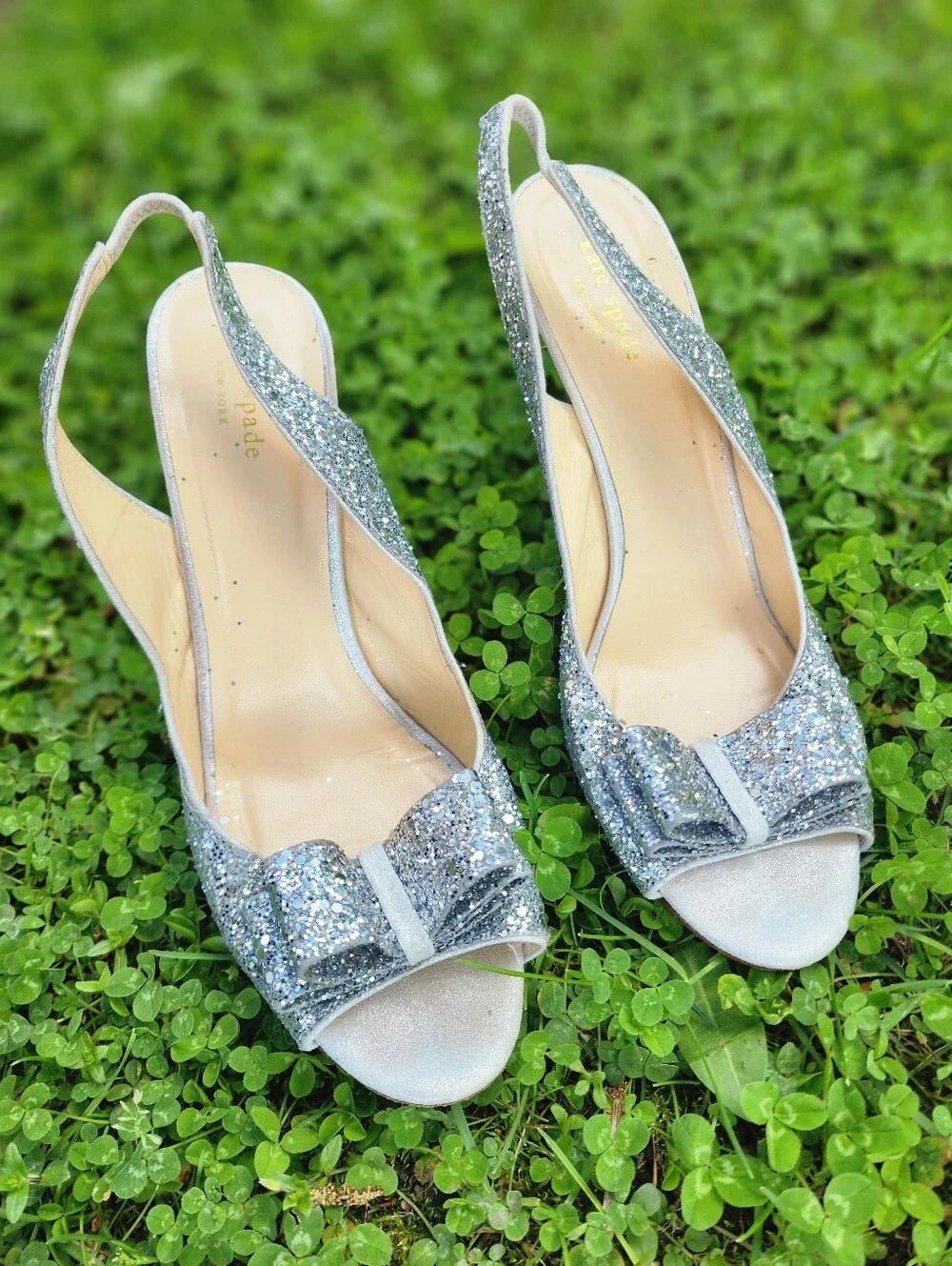 kate spade Silver Glitter Peep-Toe Slingback Heels with Bow